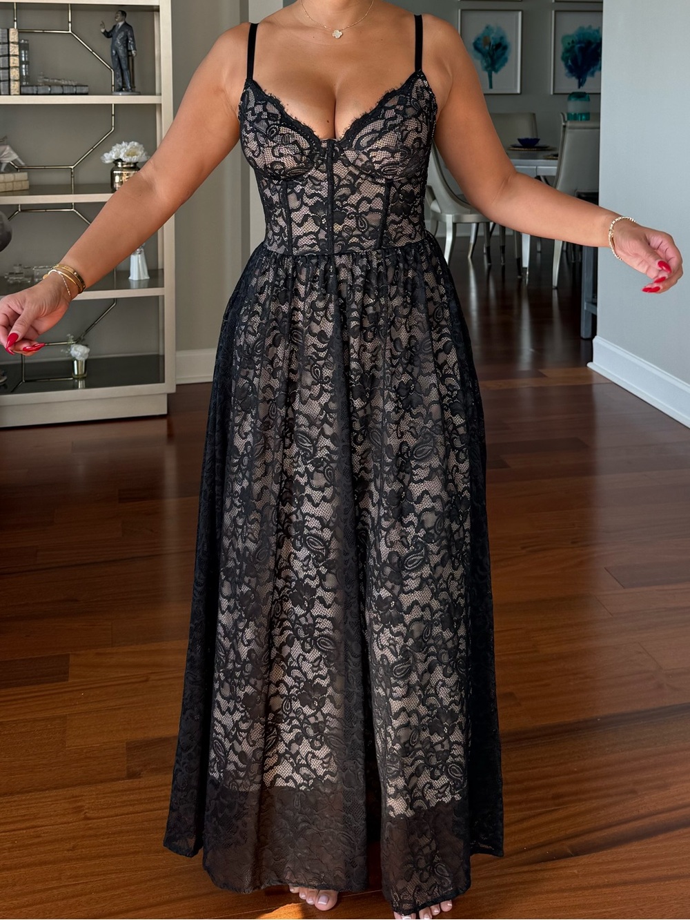 Black Lace Maxi Slip Dress with Sheer Overlay - Women Intimates & Sleepwear